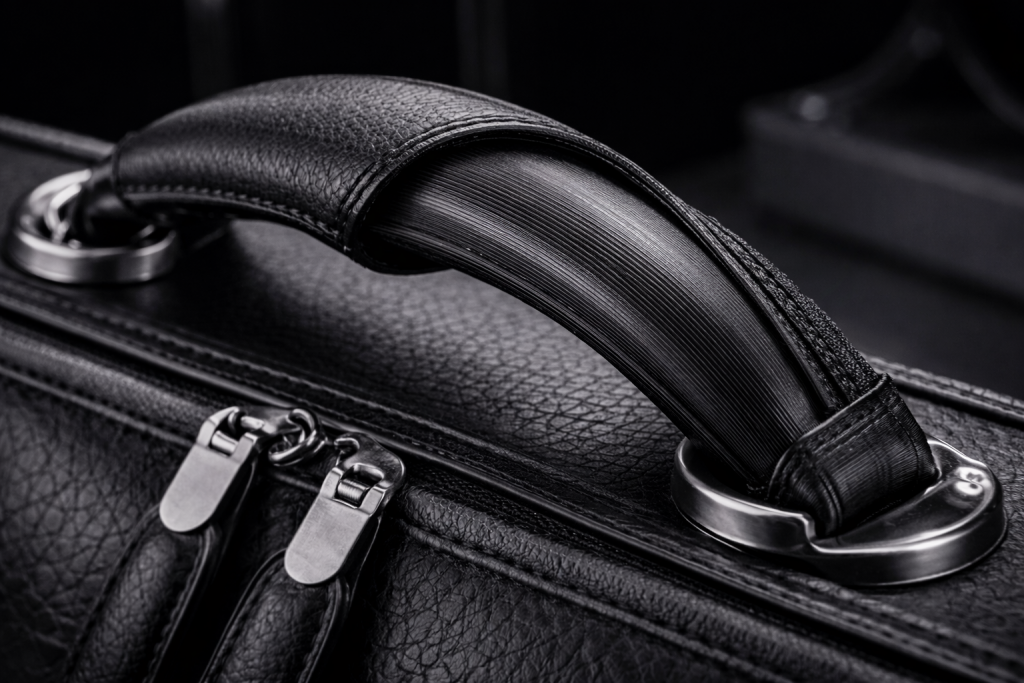 Poignée de sac de luxe avec âme interne en TPU imprimée en 3D, partiellement dévoilée sous un gainage cuir